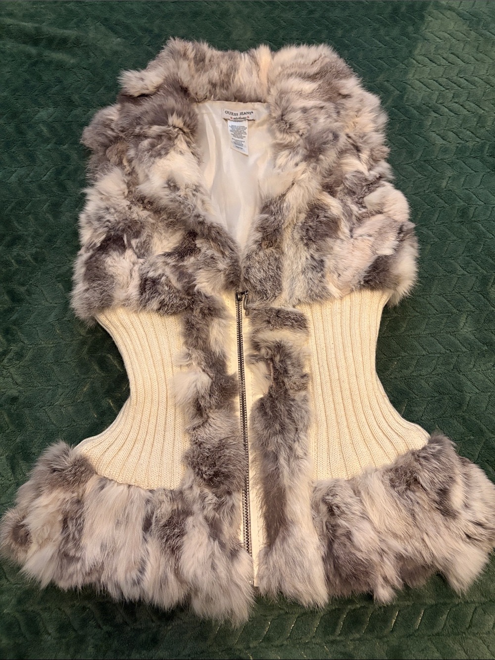 Vintage Guess Snatched Fur Vest Y2K Rabbit Fur Ribbed Gray Black Cream XS